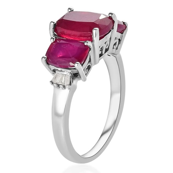 Niassa Ruby and Diamond 3 Stone Ring Platinum Over Sterling Silver GENUINE RUBY - Picture 4 of 6